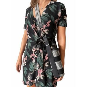 Babaton Aritzia Dress Womens Medium Black Pink Floral Mini Full Wrap Tropical